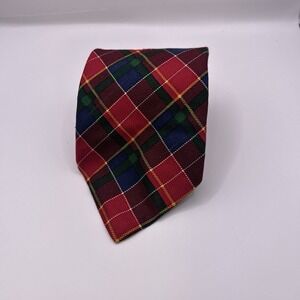 Lauren Ralph Lauren Silk Red Black Gold Plaid Tie USA  3.5" x 58"
